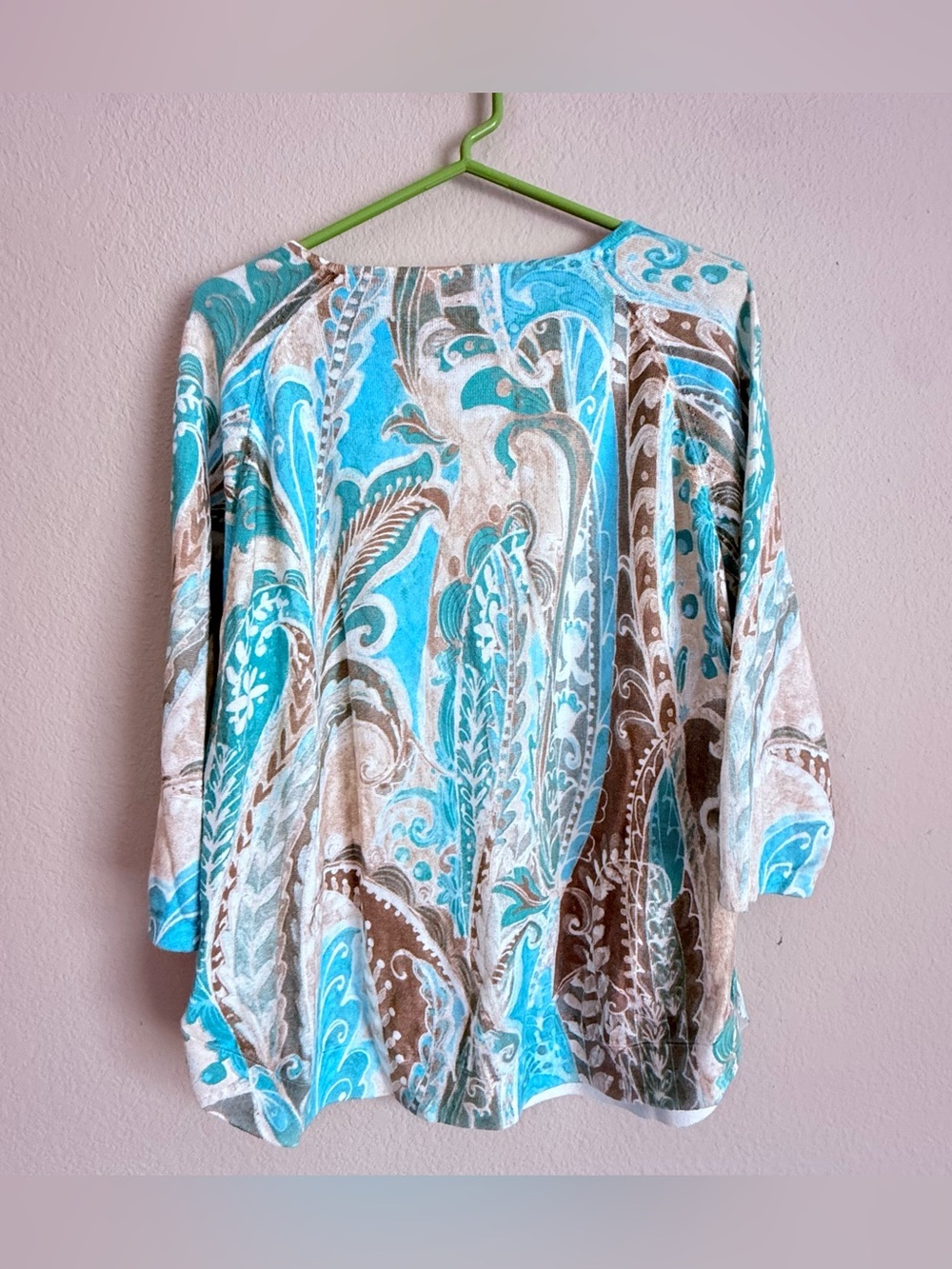 Chico's Blue/Teal Paisley Cotton Blend Knit Top 3/4 Sleeve Pullover Boho Size 3 - Picture 2 of 5